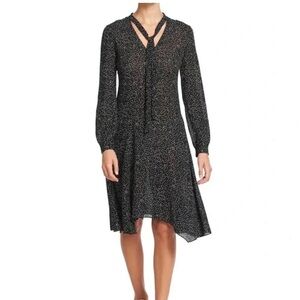 Theory women’s speckled silk dress tie neck asymmetric chiffon hem size 14 black
